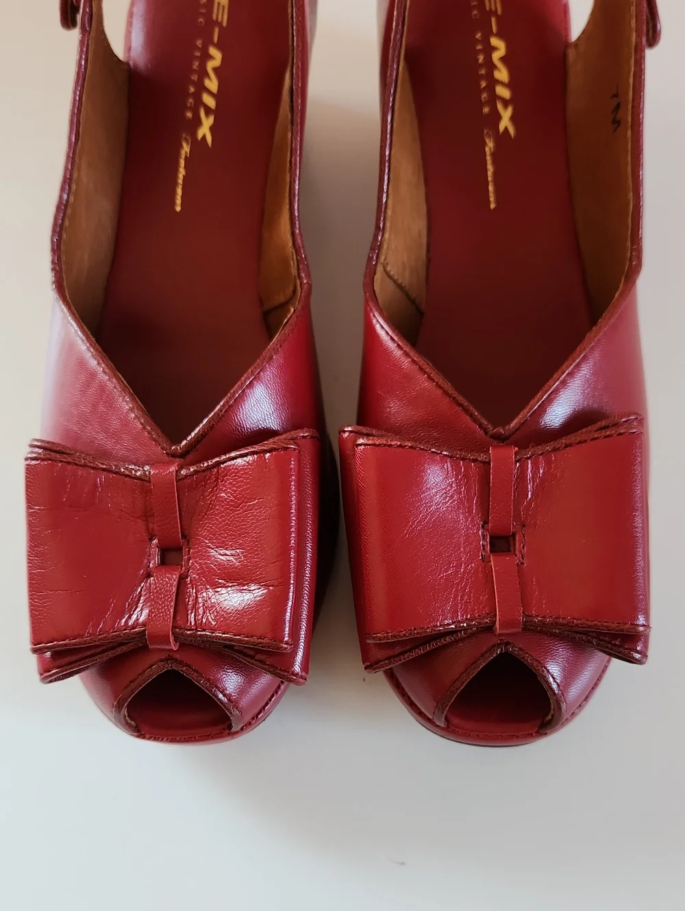 Re-mix Classic Vintage Gloria Red Leather Slingback Wedge  Heels with Bow Size 7